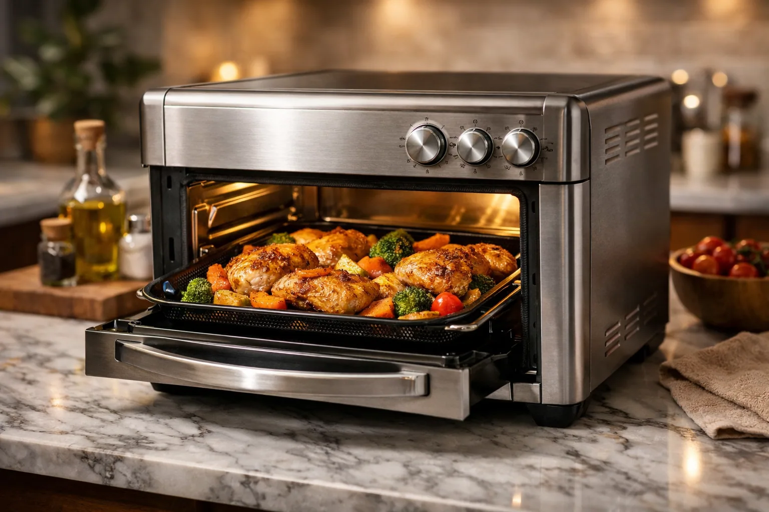 Combo oven picks for 2026 arranged on a kitchen counter, from compact flip models to French-door air fryer toaster ovens
