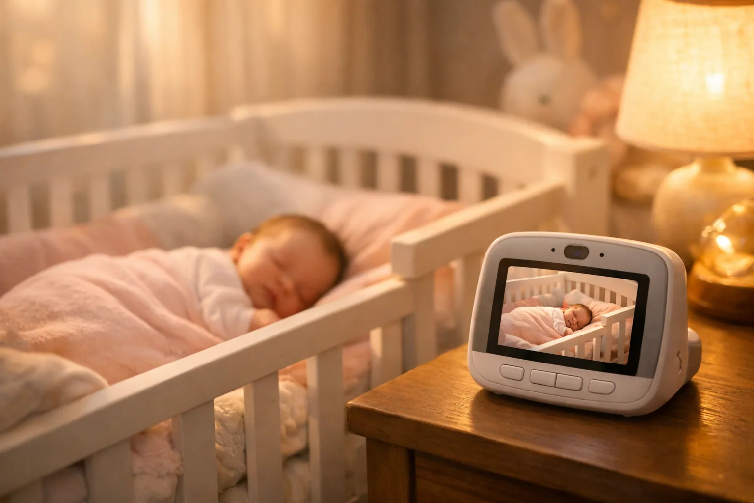 Baby monitor picks for 2026 with parent screens showing a nursery and sleeping baby