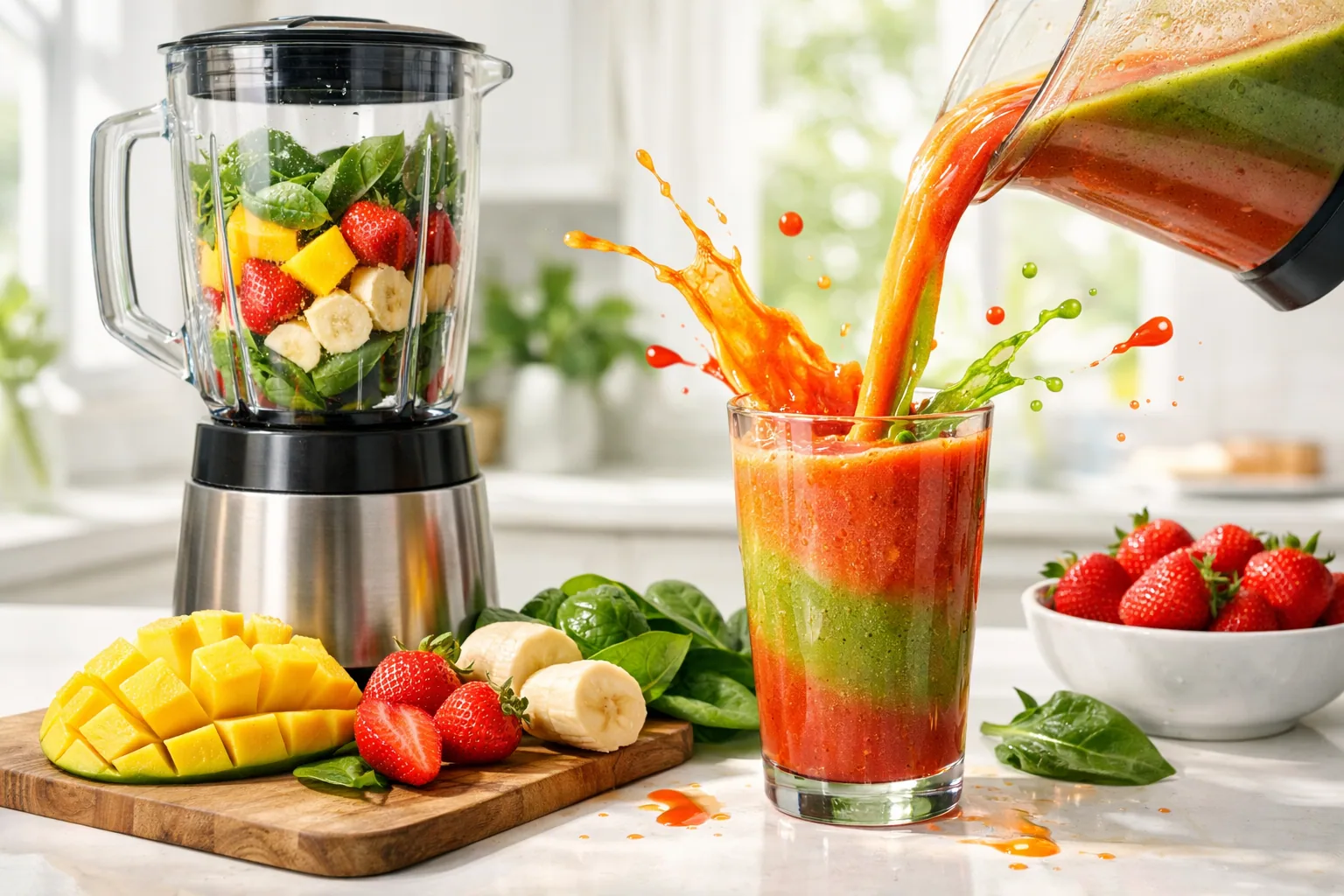 Blenders for smoothies arranged on a counter with green and berry smoothies for 2026 picks