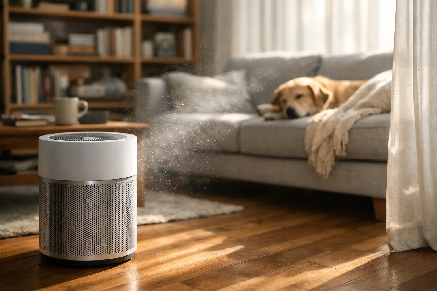 White HEPA air purifier running in a bright living room with a sofa and houseplants