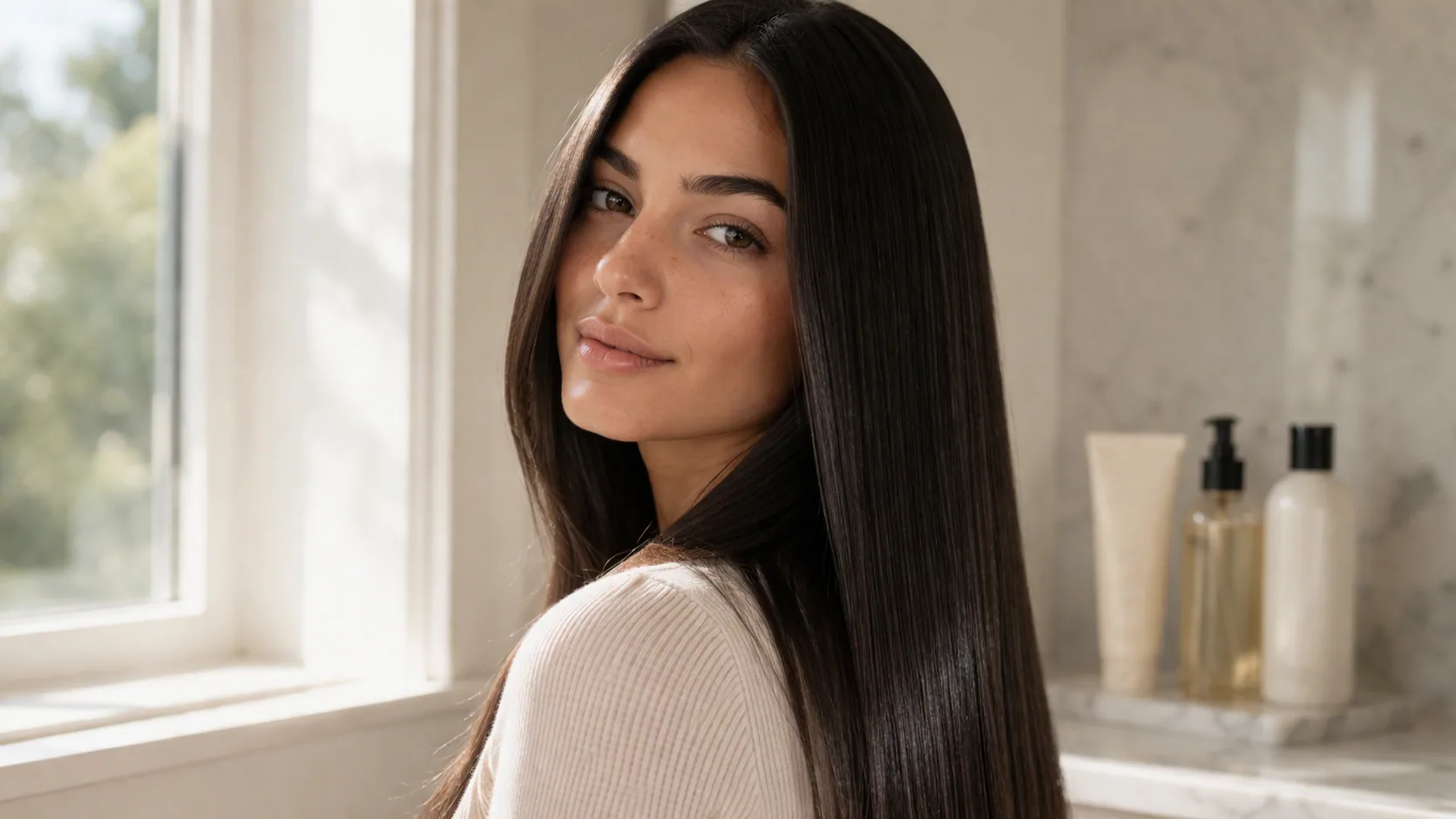 Anti-frizz hair serums and sprays lined up on a vanity