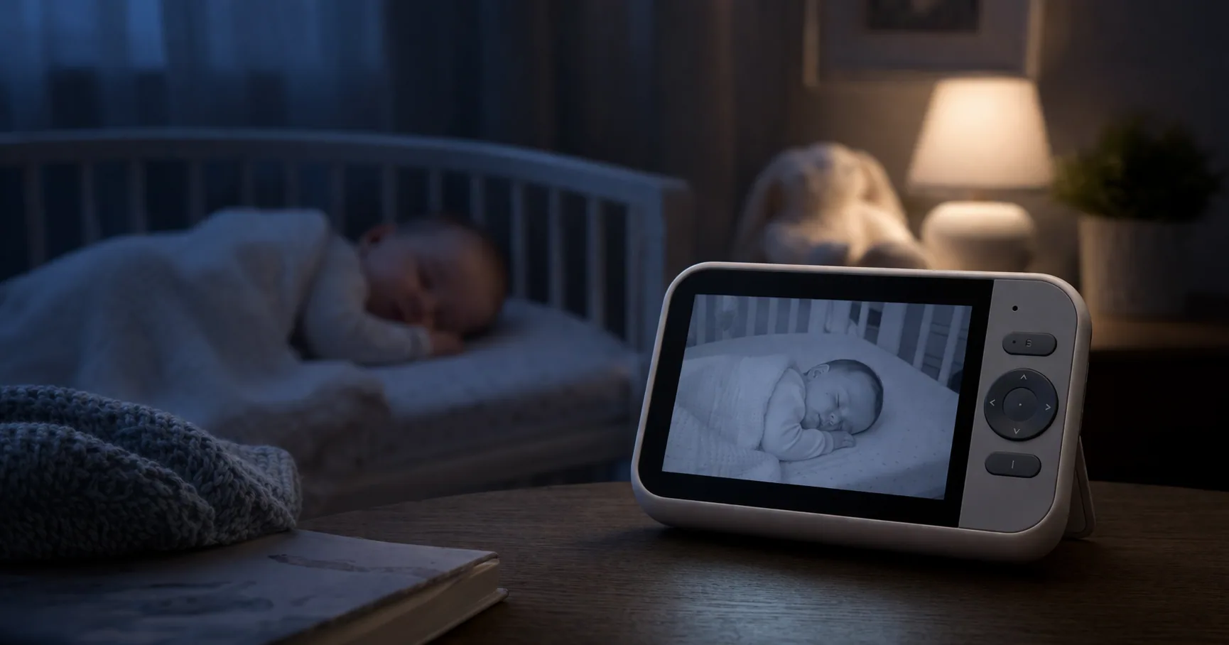 Parent holding a handheld non-WiFi baby monitor showing a sleeping baby in a crib