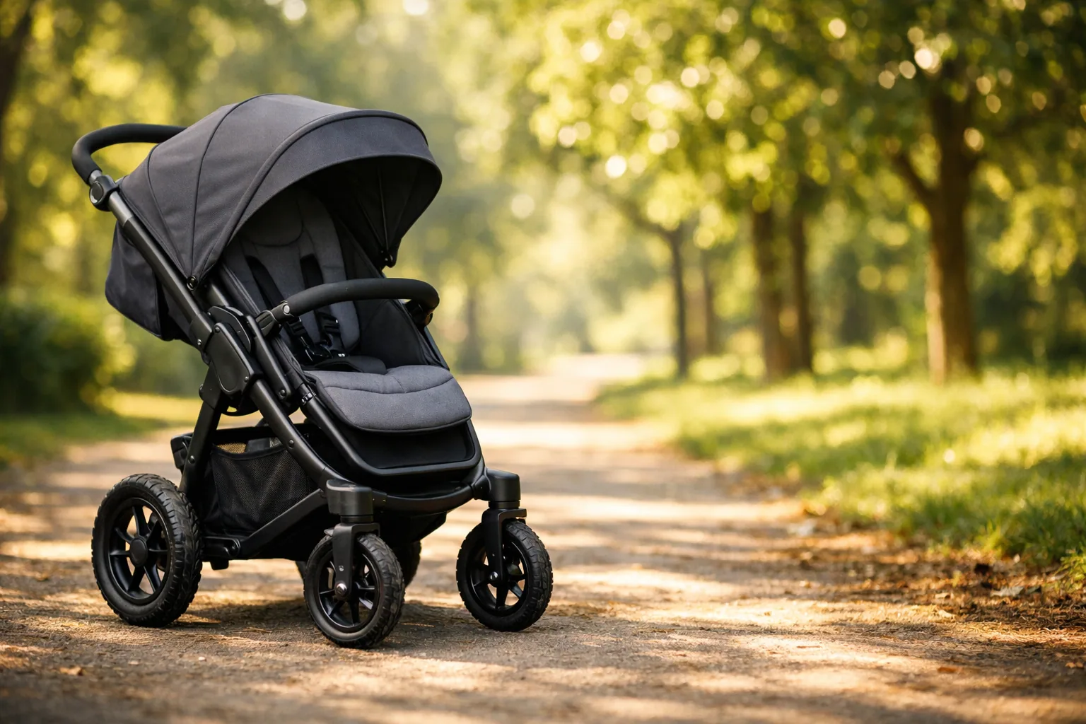 Several baby strollers lined up outdoors, from a lightweight umbrella stroller to a jogger