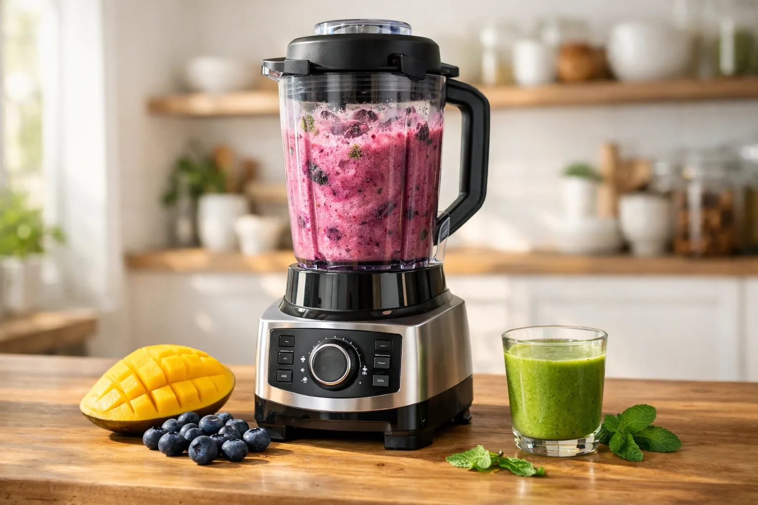 Countertop blender full of a green smoothie next to fresh fruit on a kitchen counter