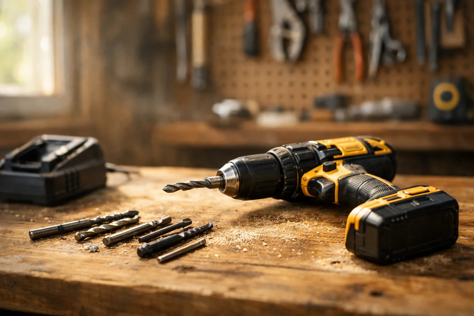 A cordless drill and bit set on a workbench next to a partly assembled shelf
