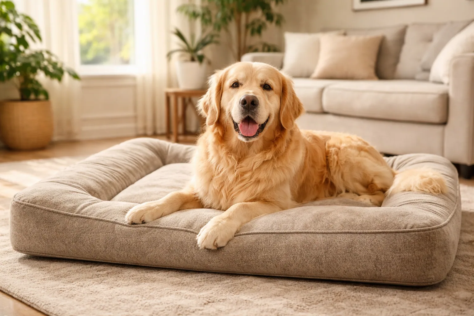 Dog bed picks for 2026 arranged in a bright living room, from washable bolsters to orthopedic memory-foam mats