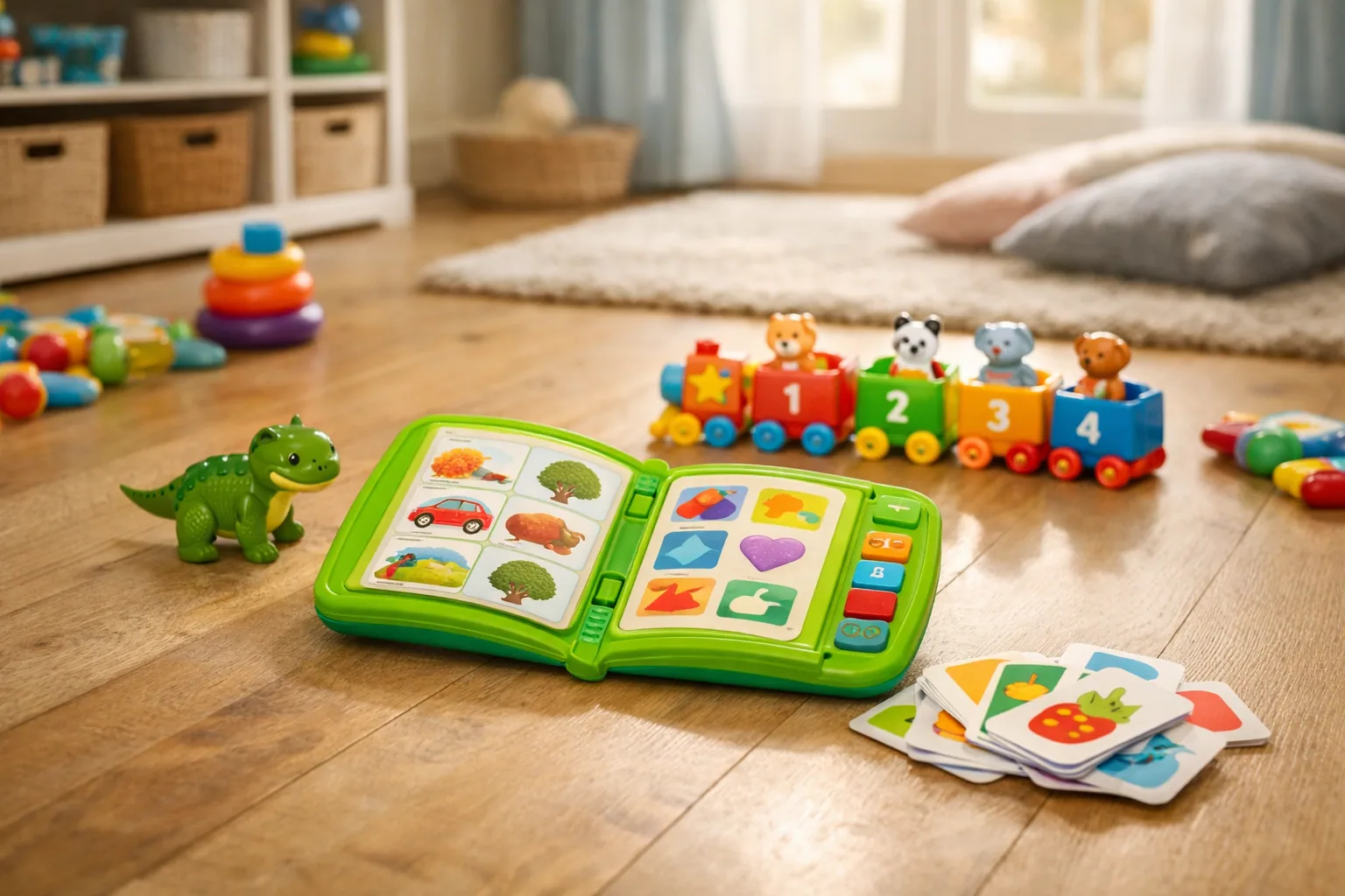 A toddler playing with colorful learning toys on a living room rug