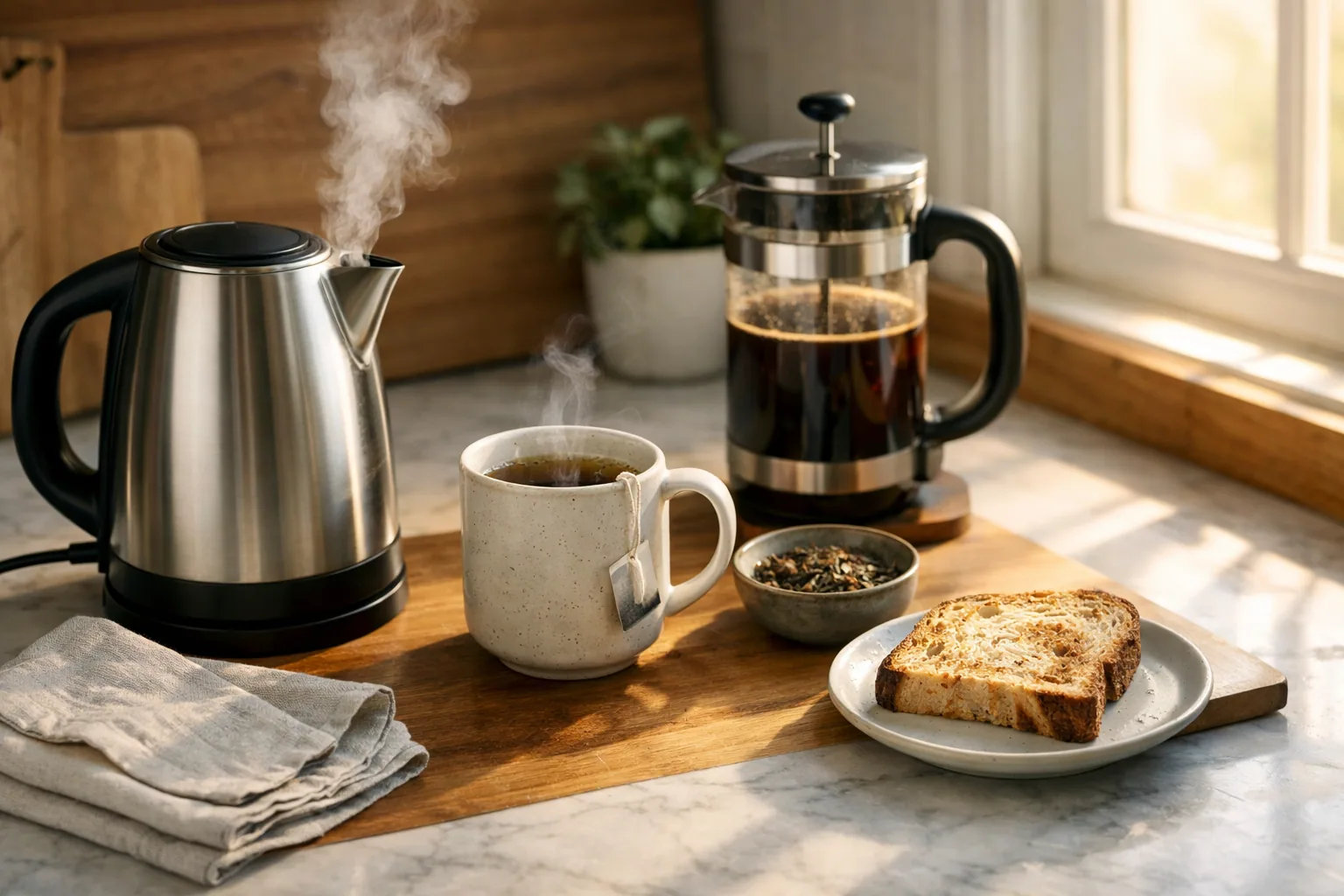 Stainless electric kettle on its base beside a mug of tea on a kitchen counter