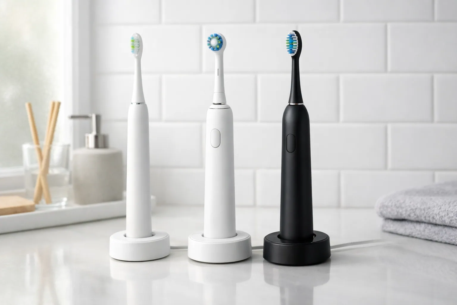 Five budget electric toothbrushes standing on a bathroom counter