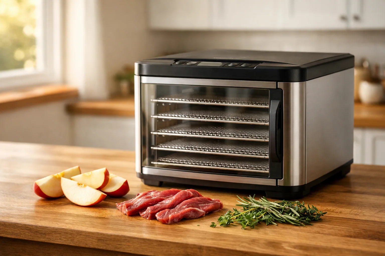 Food dehydrator with trays of fruit slices and jerky on a kitchen counter