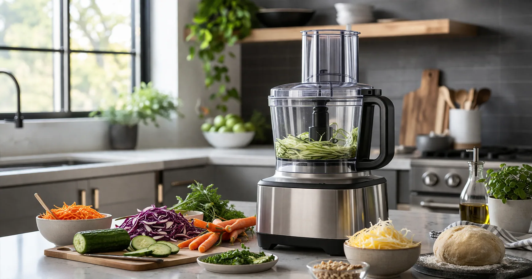 Food processor on a kitchen counter surrounded by chopped vegetables and slicing discs
