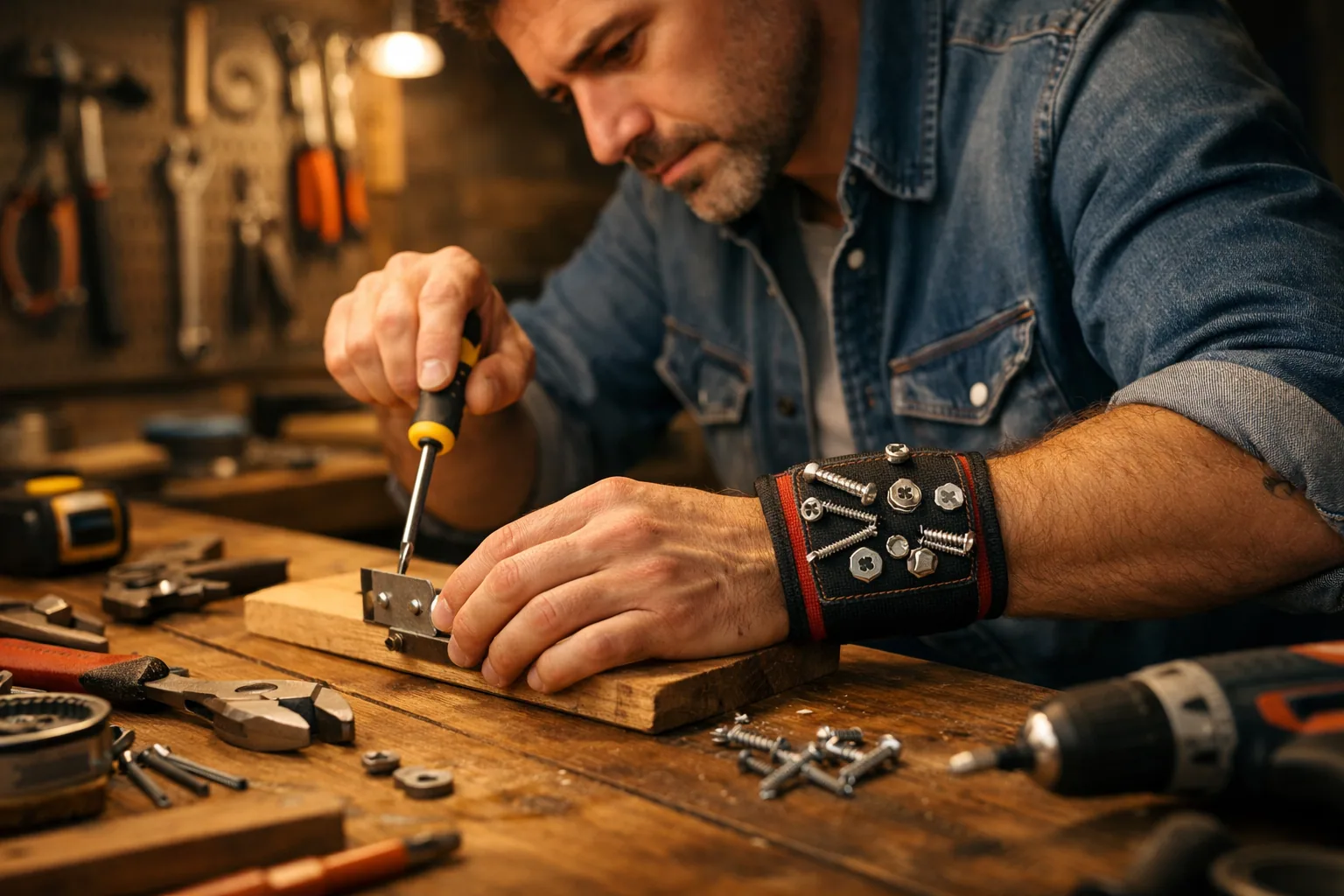 Practical gift ideas for men arranged on a wooden workbench
