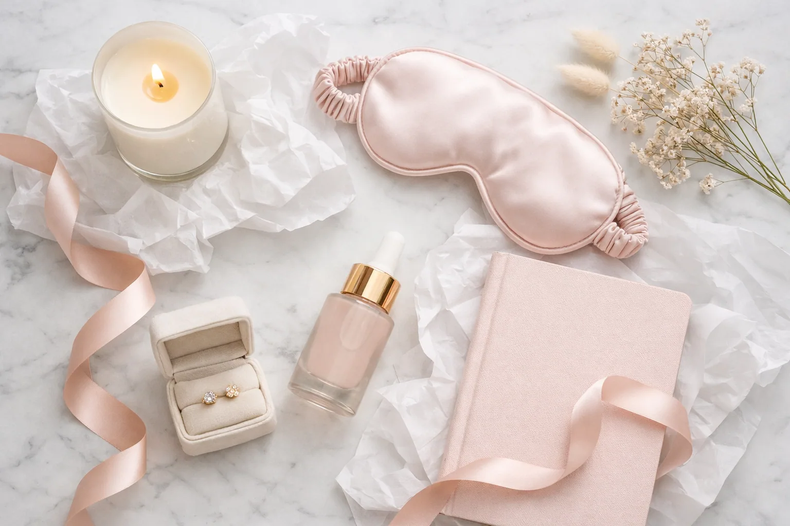 Gifts for women arranged on a soft surface, including a candle warmer lamp, balms, plush socks and a ceramic mug