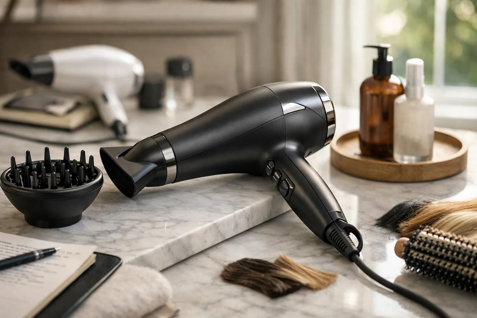 Hand holding an ionic hair dryer with a diffuser attachment in front of a bathroom mirror
