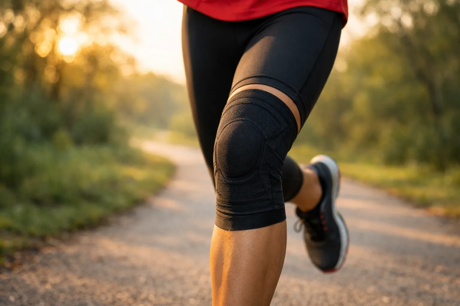 Person wearing a black compression knee brace while stretching on a gym floor