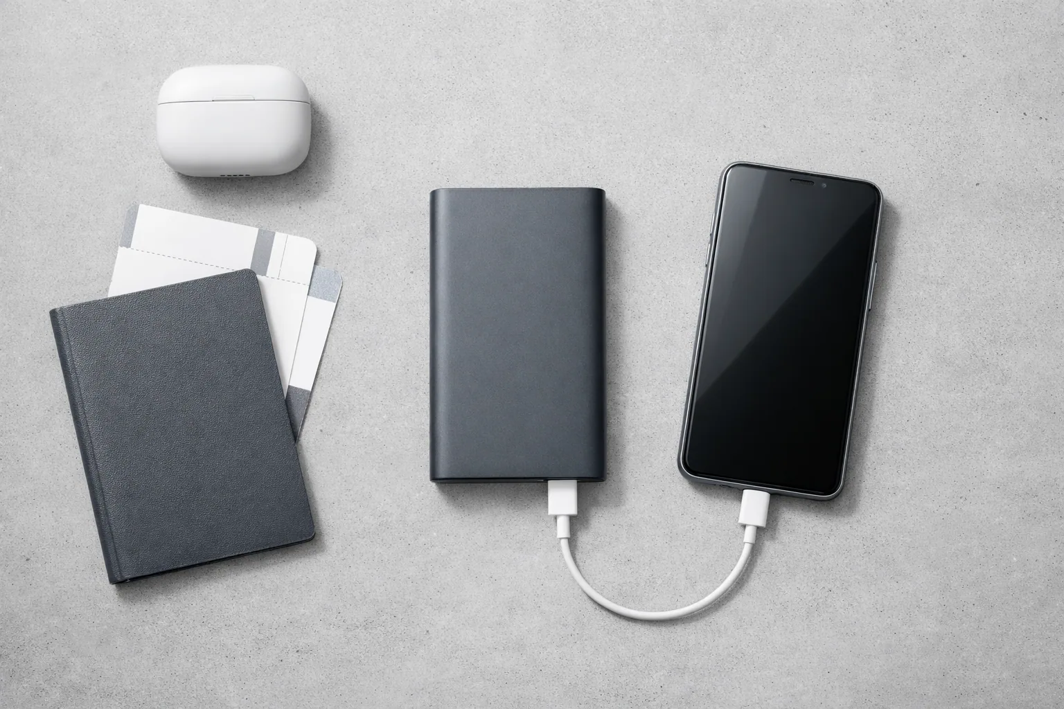 Portable charger picks for 2026 on a desk, from a slim pocket power bank to a larger travel brick with built-in cables