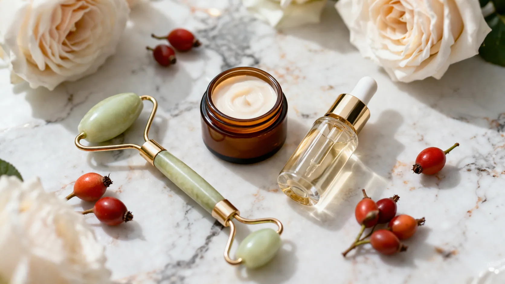 Five retinol cream jars and tubes arranged on a bathroom shelf in soft morning light