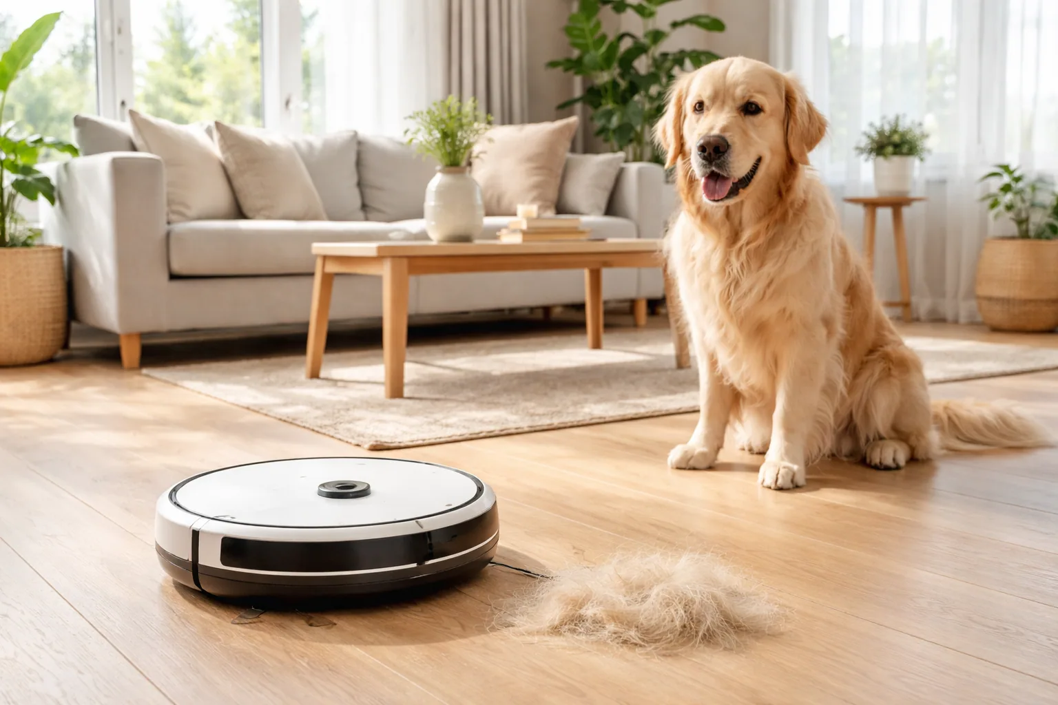A robot vacuum crossing a hardwood floor toward a rug, with a dog resting in the background