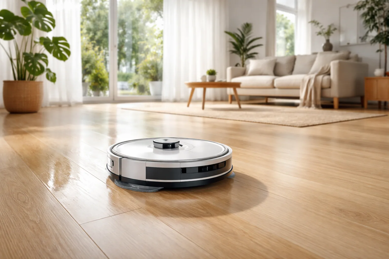 A robot vacuum and mop combo docked at its self-emptying base on a hardwood floor next to a kitchen