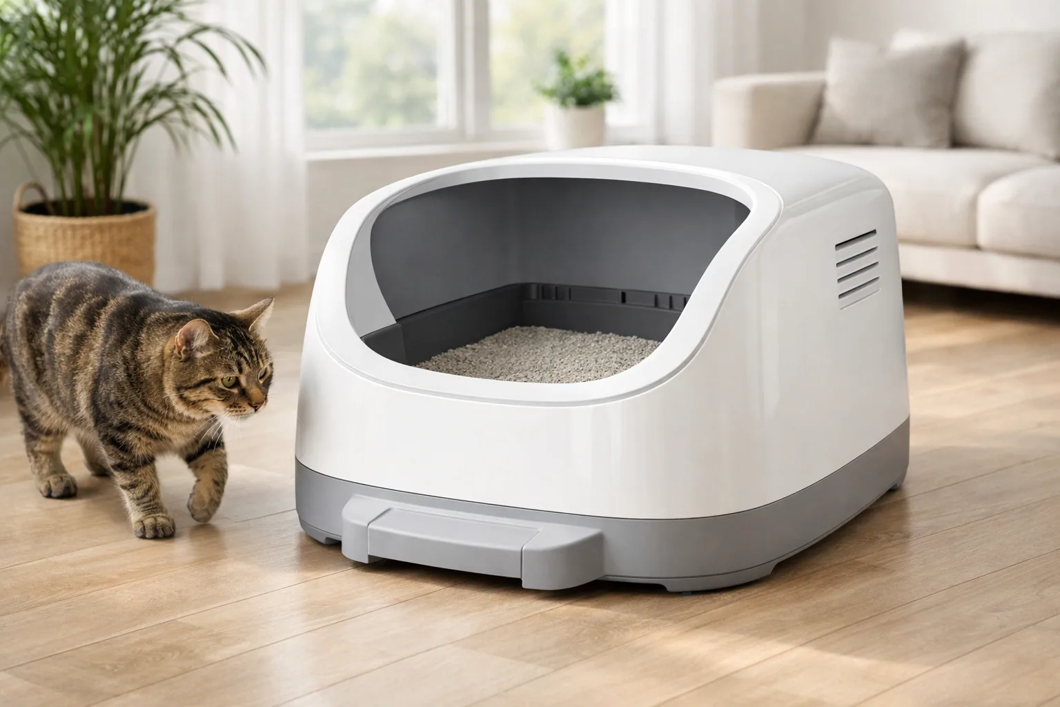 An open-top automatic self-cleaning cat litter box in a bright living room with a cat nearby