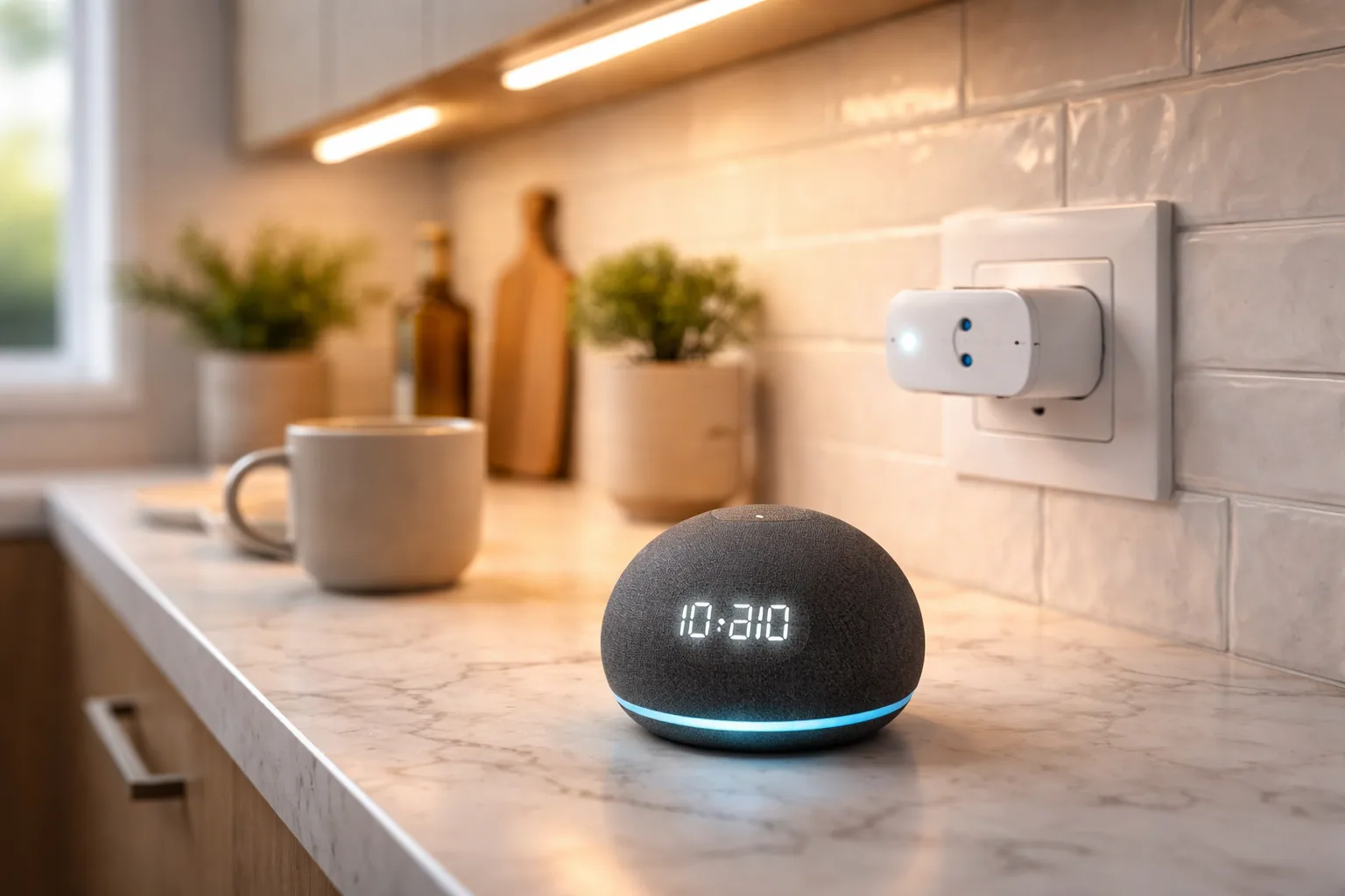 A smart plug, a compact smart display, and a larger kitchen hub on a shelf at home