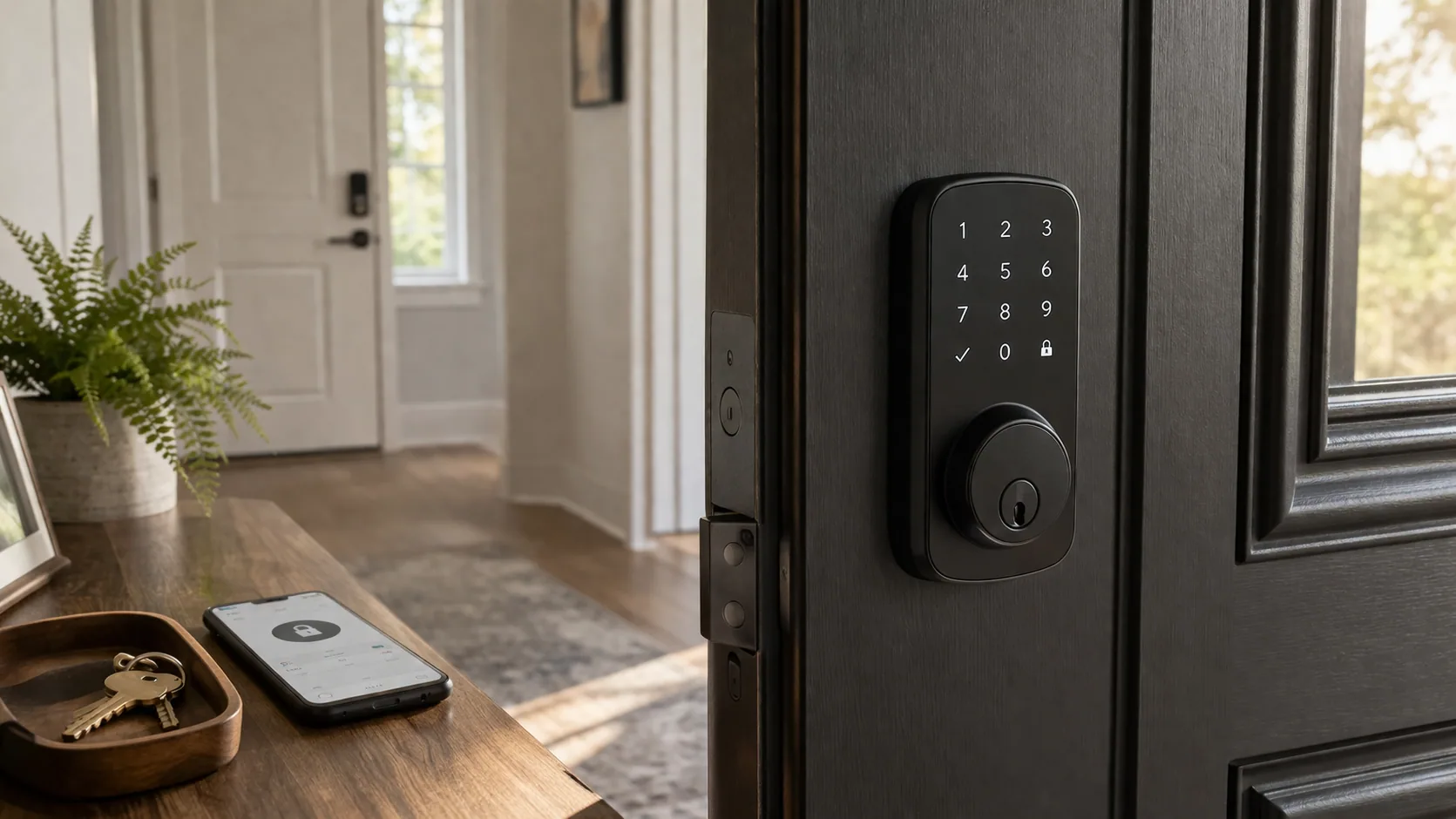 Keypad smart lock mounted on a front door with a hand entering a code