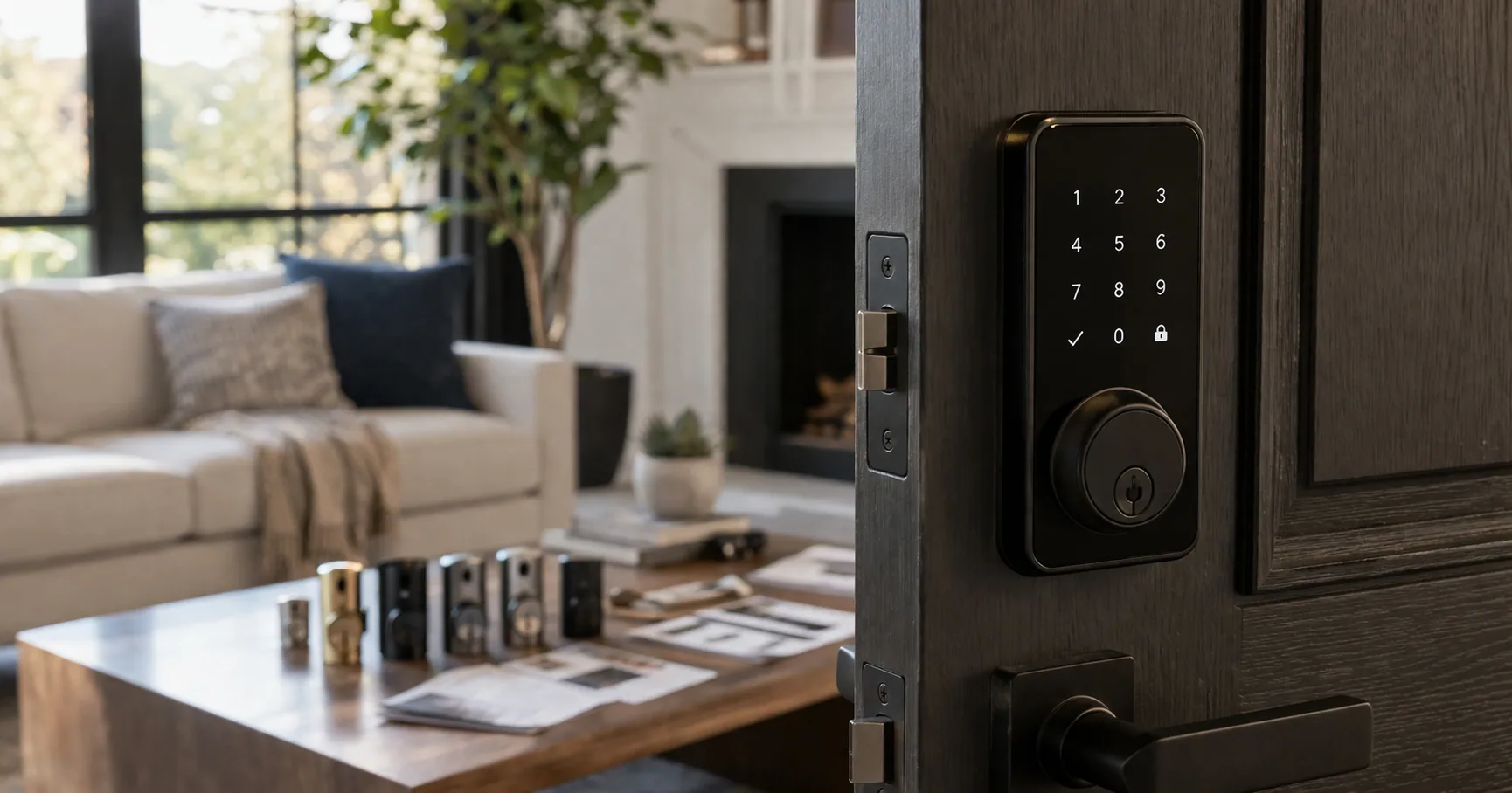 Smart deadbolt with a keypad installed on a front door, with a hand reaching toward it
