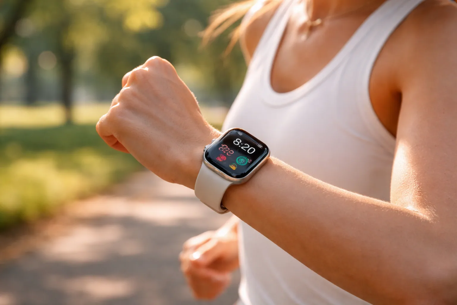Five smartwatches and fitness trackers in different case sizes and band colors arranged on a light surface