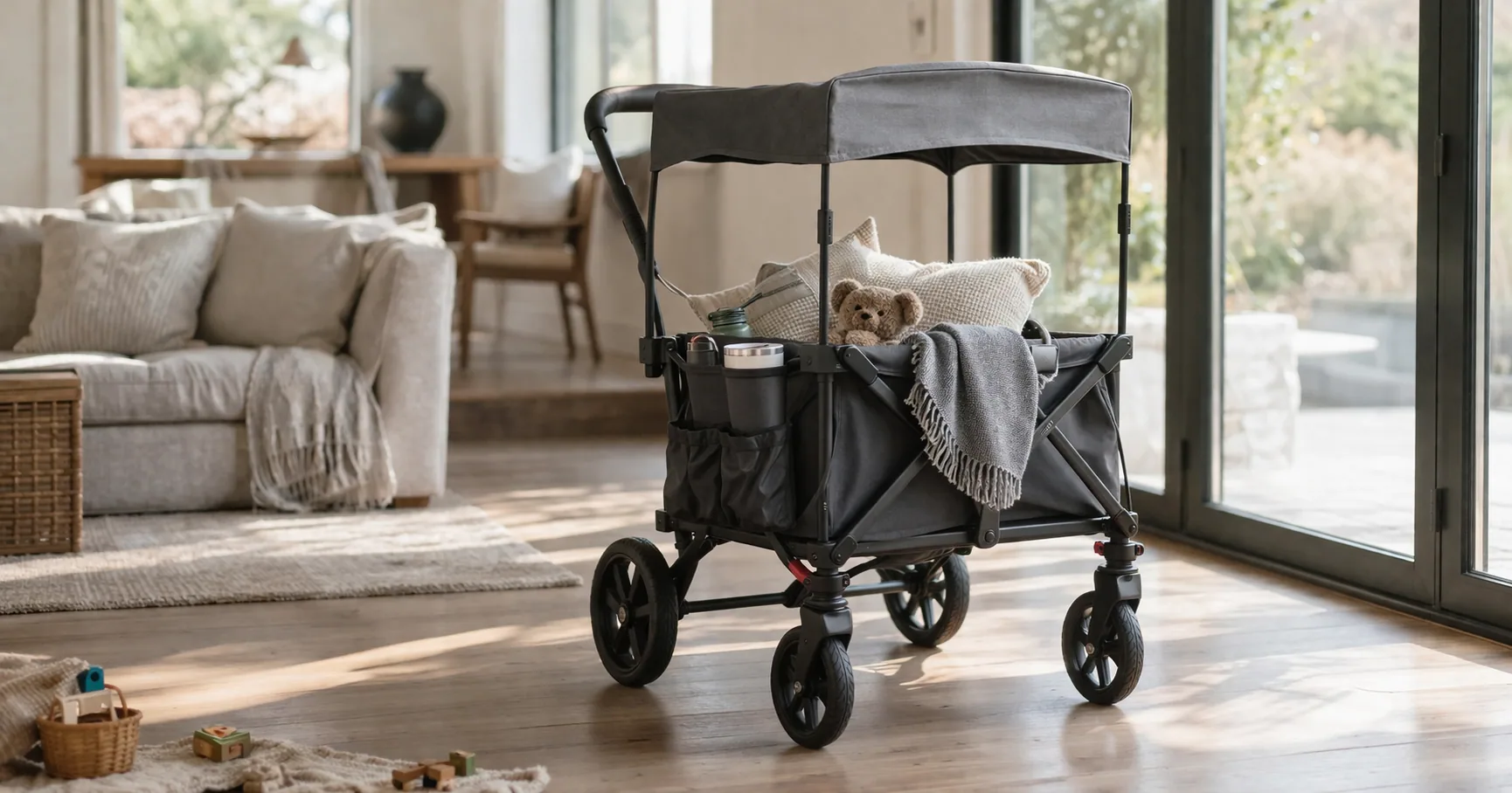 A family stroller wagon with canopy parked on a park path with kids' gear loaded inside