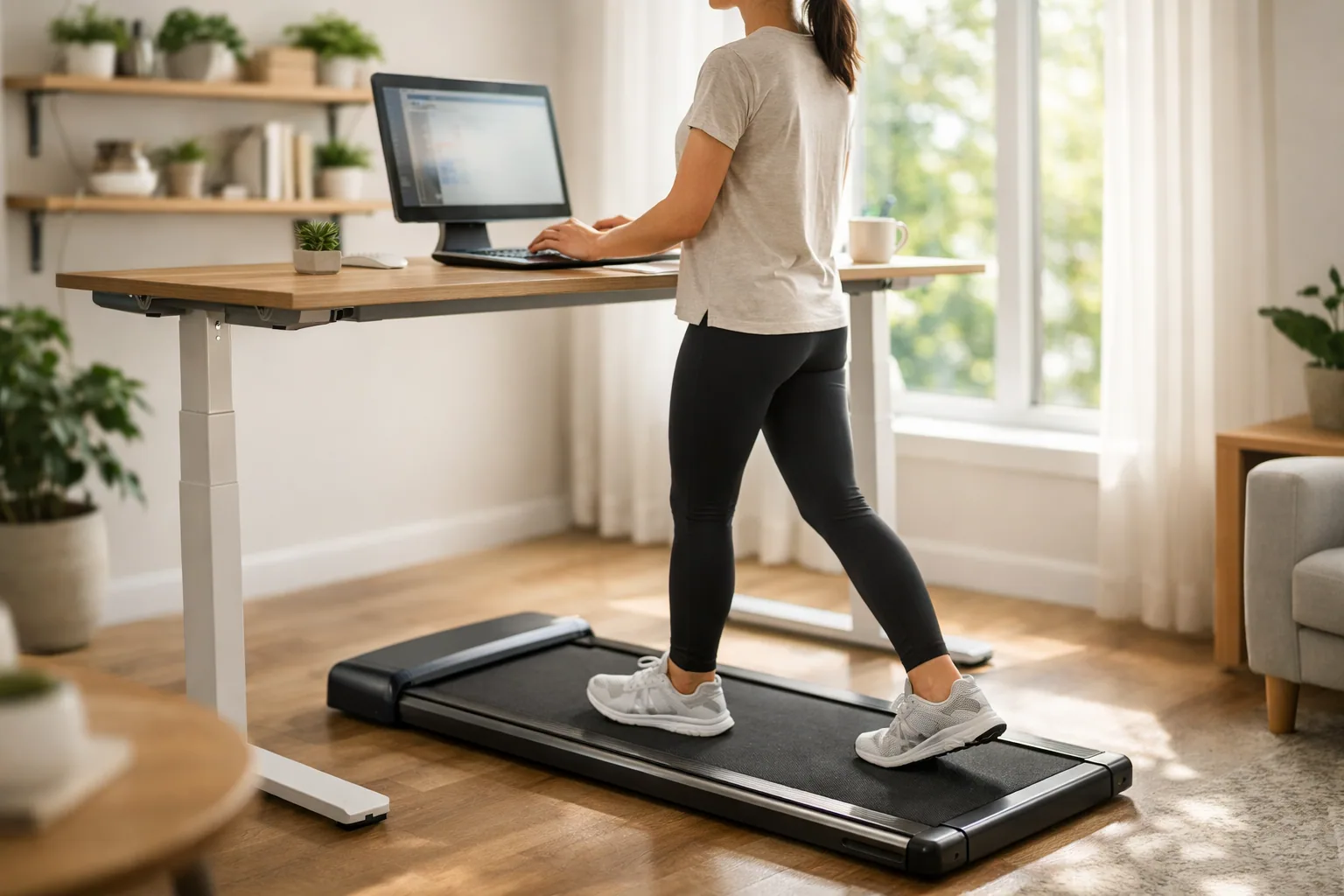 Under-desk walking pad treadmill in front of a standing desk