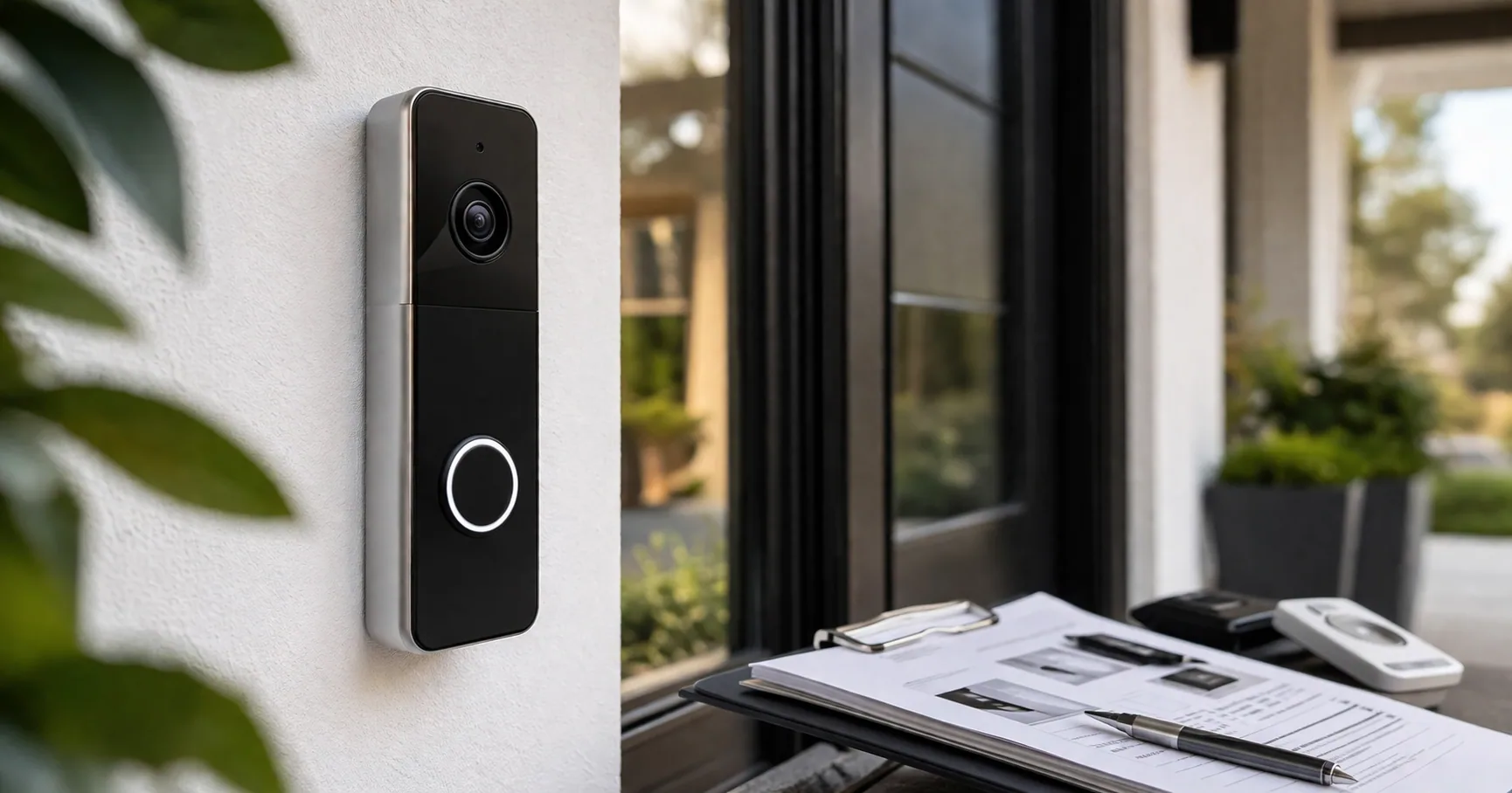 Video doorbell mounted beside a front door with a delivery box on the porch in view