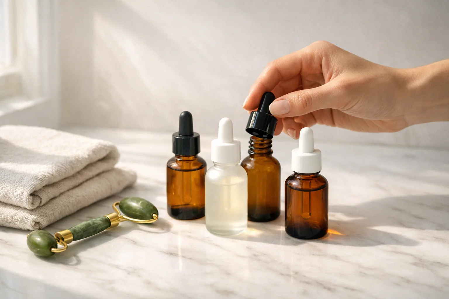 Amber glass vitamin C serum bottle with a dropper on a bright bathroom counter