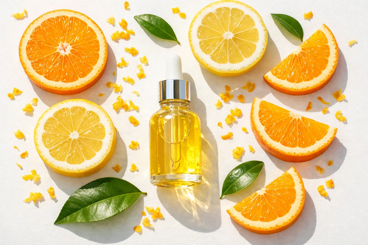A row of vitamin C serum dropper bottles on a bright bathroom shelf