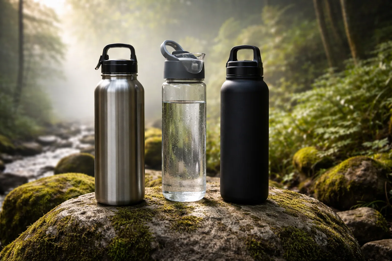 Five insulated stainless steel water bottles lined up on a kitchen counter
