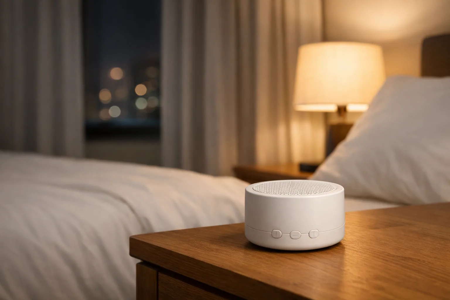 White noise machine on a nightstand in a city apartment bedroom