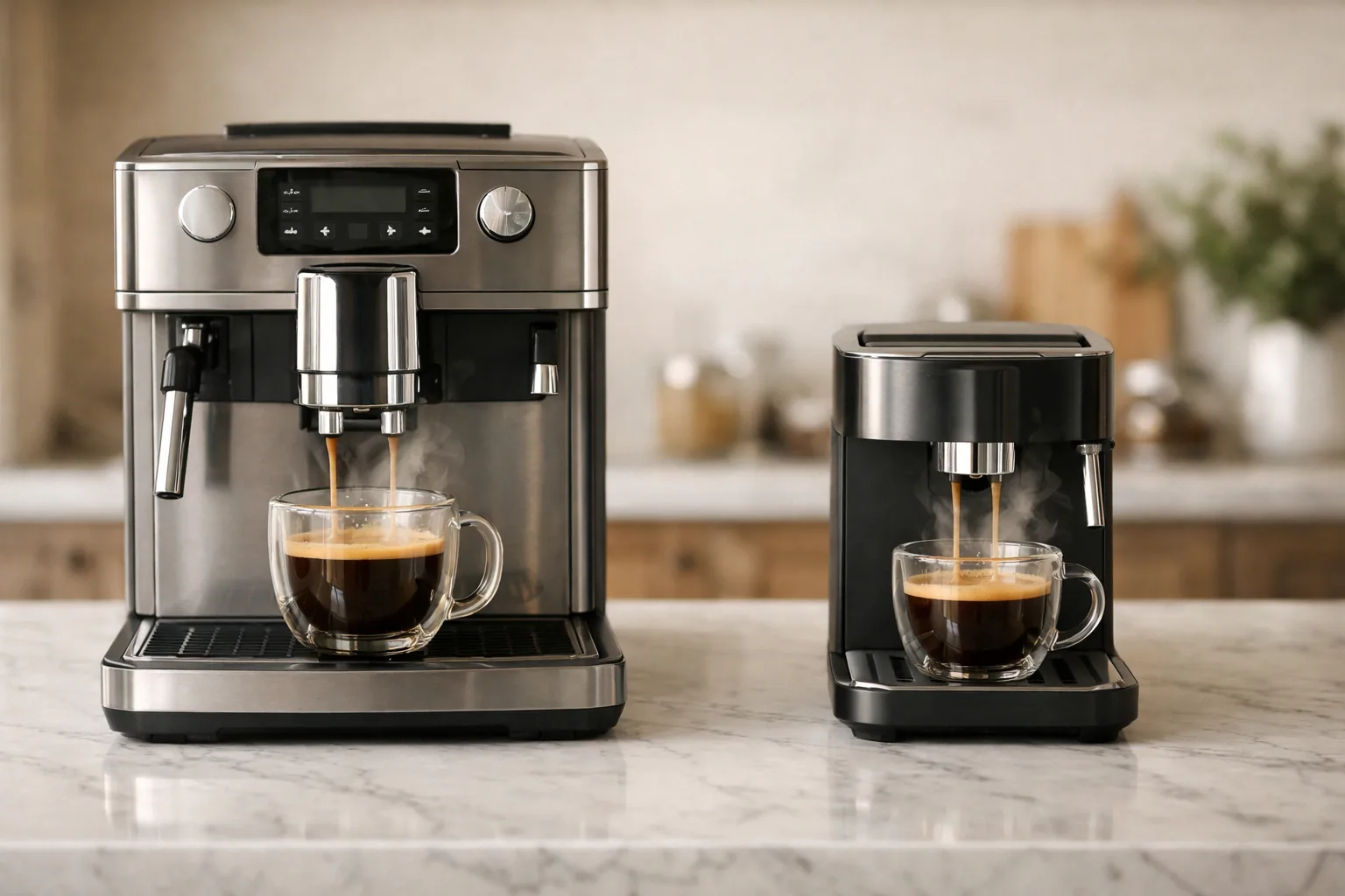 A Keurig pod coffee maker and a Nespresso machine side by side on a kitchen counter
