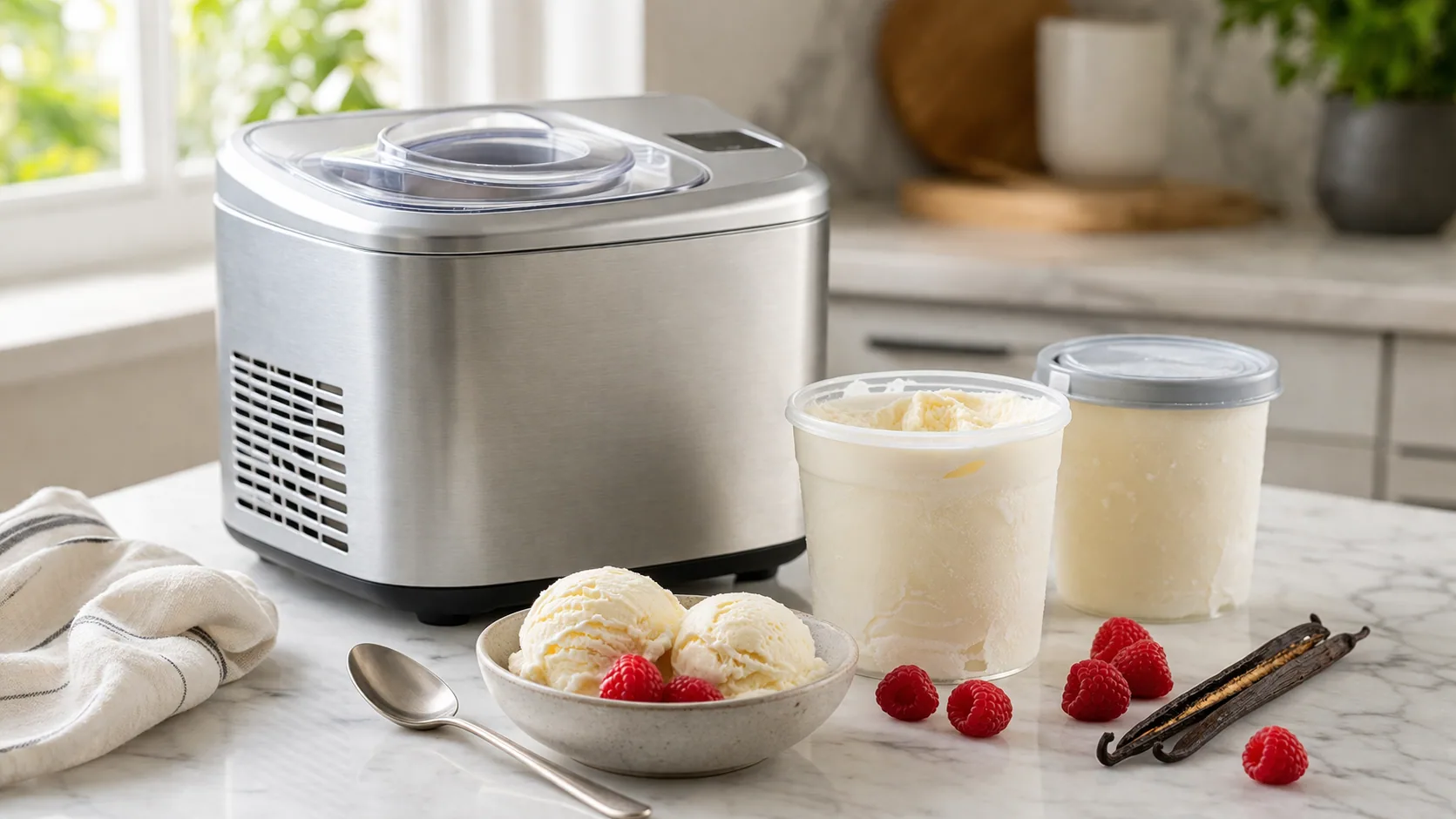 Ninja CREAMi ice cream maker on a kitchen counter with a pint of soft frozen dessert