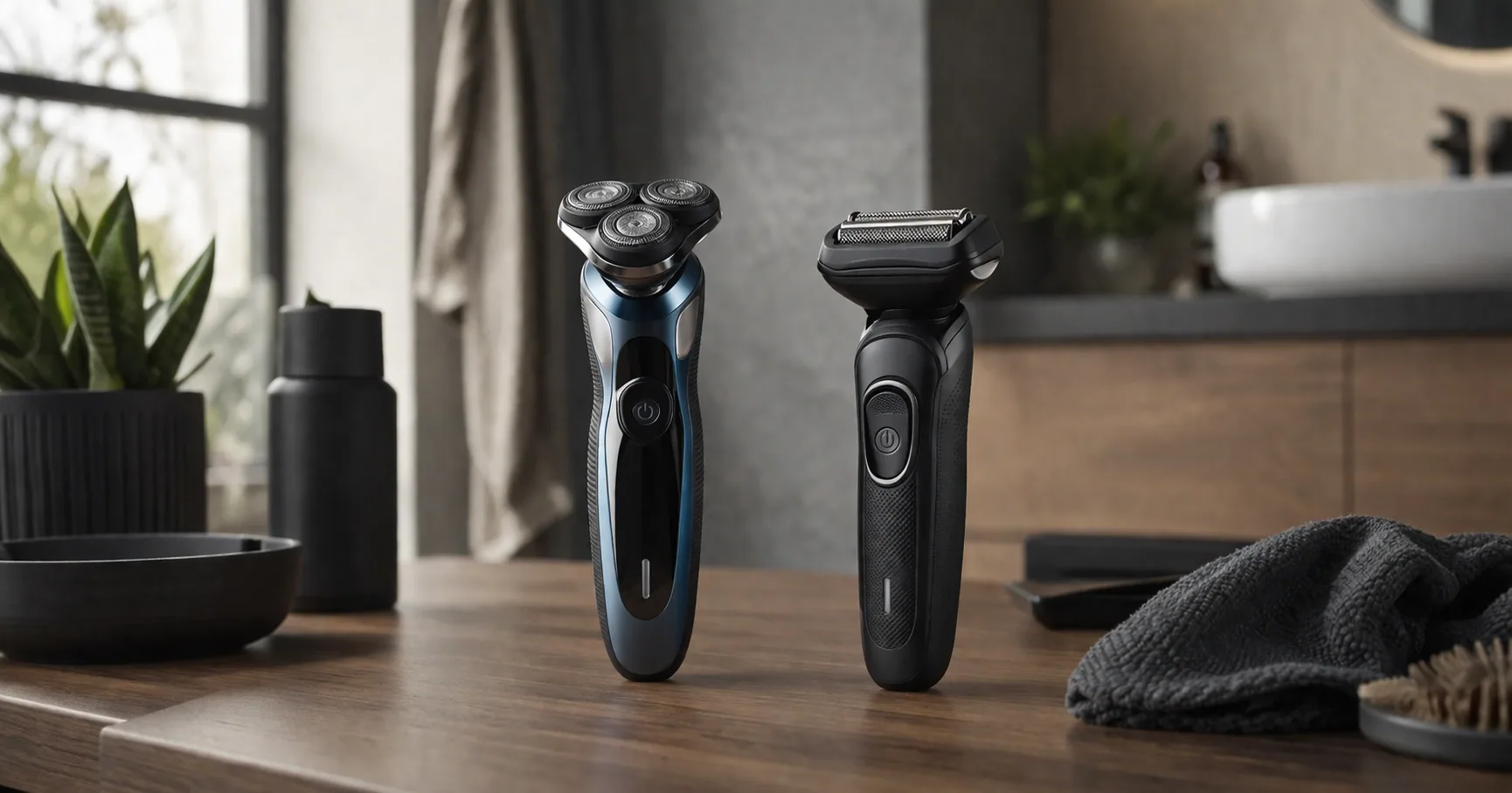 Philips Norelco rotary shaver and Braun foil shaver placed side by side on a bathroom counter