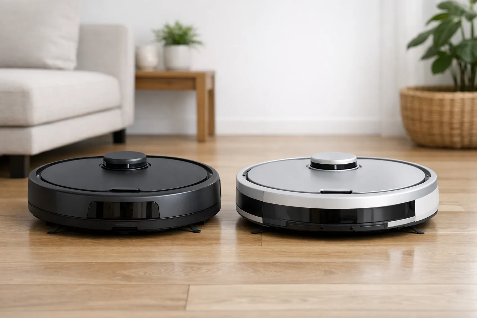 A Roomba and a Roborock robot vacuum on a hardwood floor near a rug