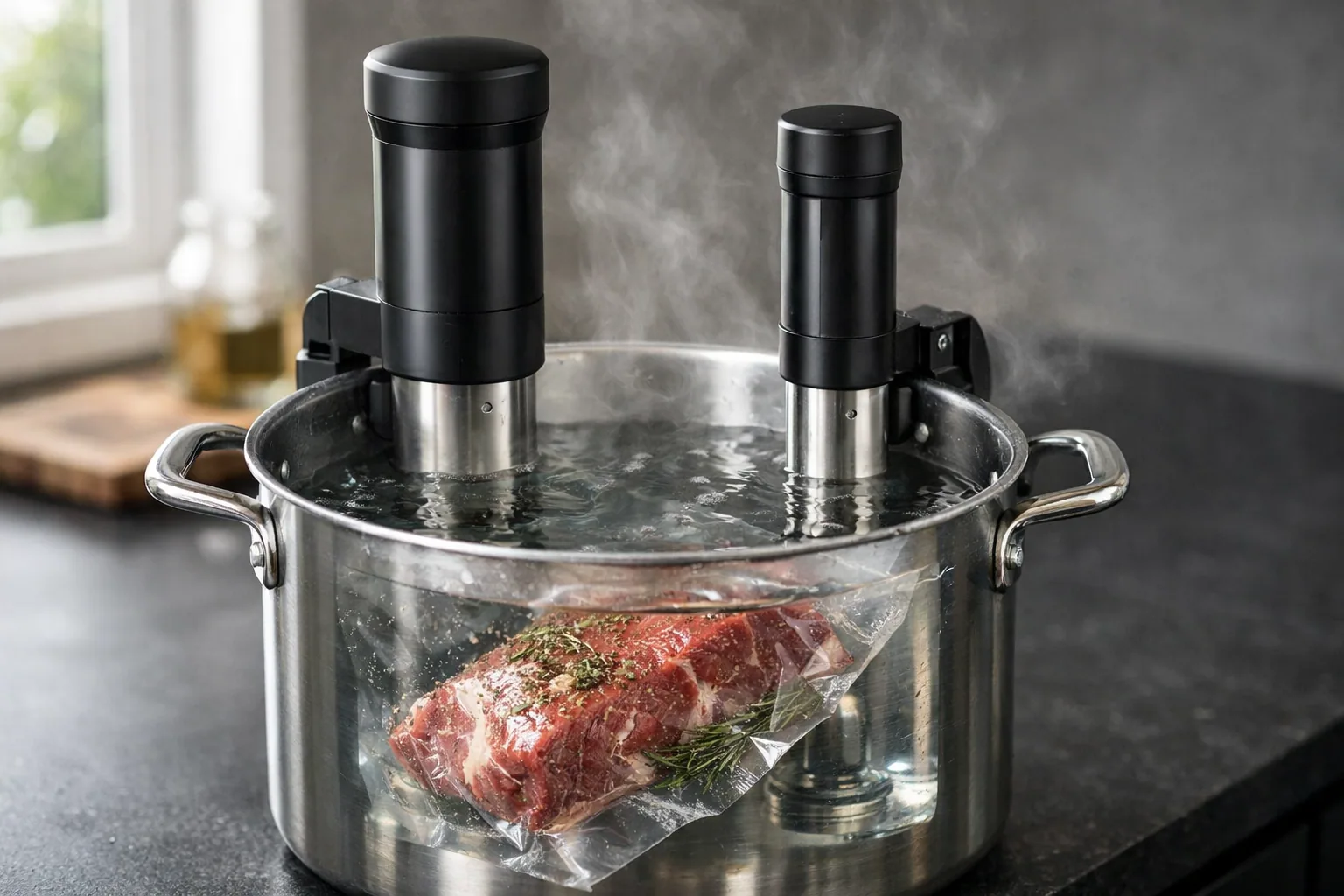 Anova and Breville Joule sous vide immersion circulators clipped to cooking pots