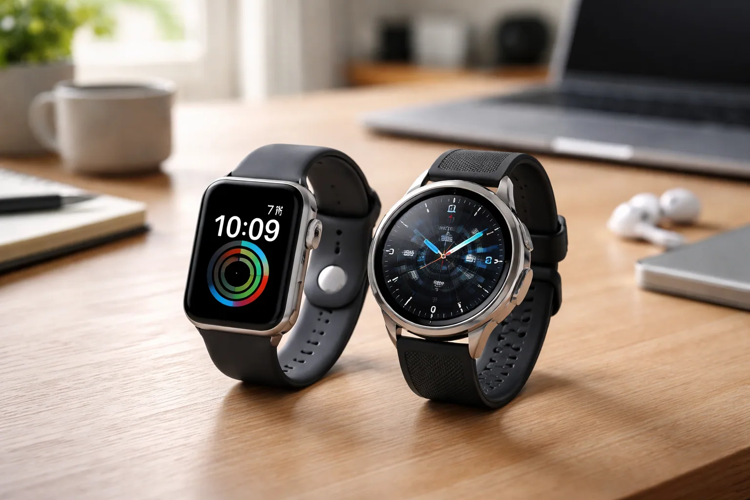 Apple Watch and Samsung Galaxy Watch shown side by side on a desk for a smartwatch comparison