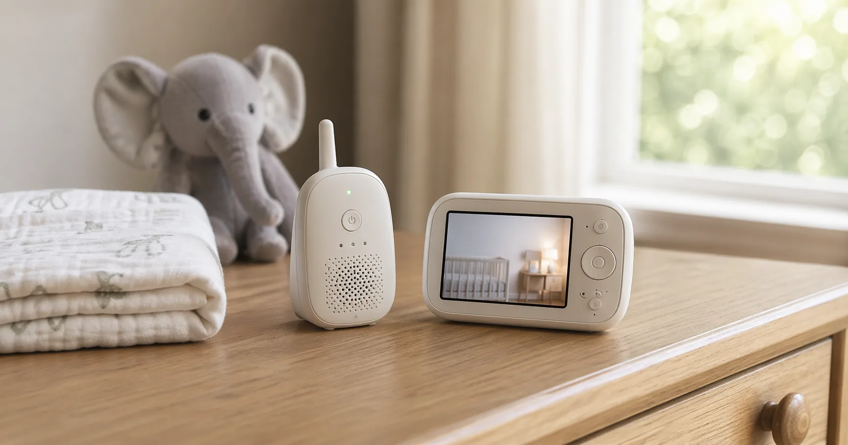 Audio baby monitor and a small video baby monitor side by side on a nightstand