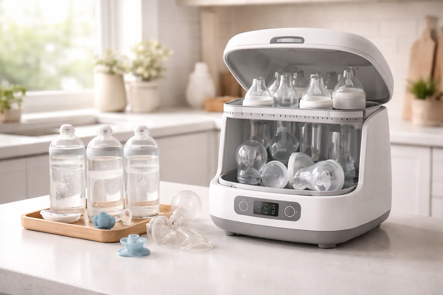 Baby Brezza bottle sterilizer and dryer on a kitchen counter beside clean baby bottles and pump parts