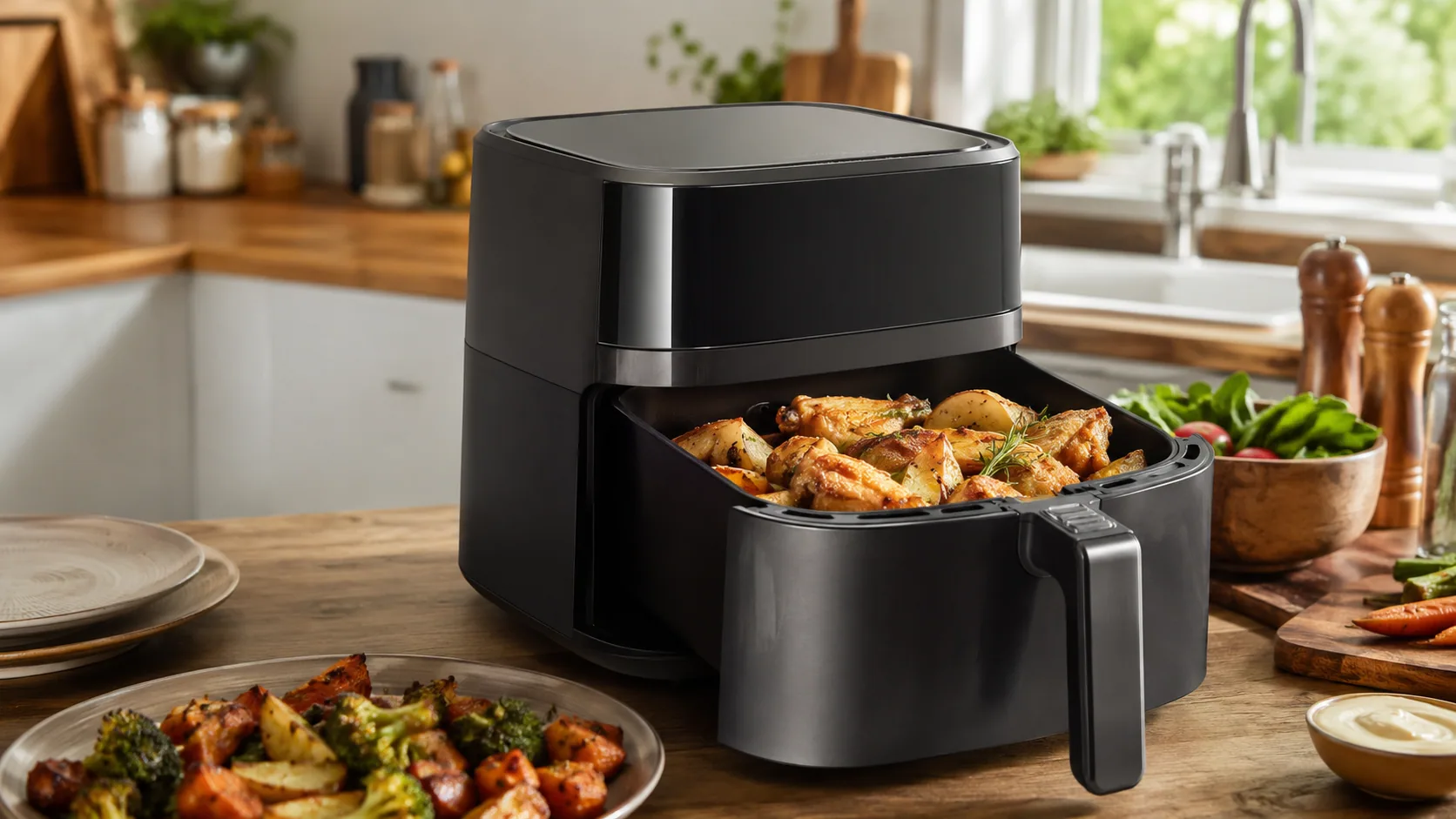 A large air fryer on a family kitchen counter with a basket of crispy food beside dinner plates