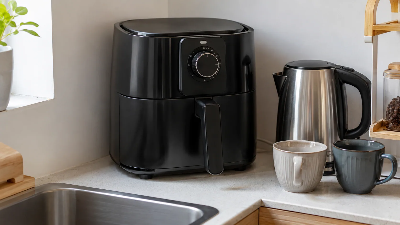 A compact air fryer tucked into the corner of a small apartment kitchen counter beside a kettle