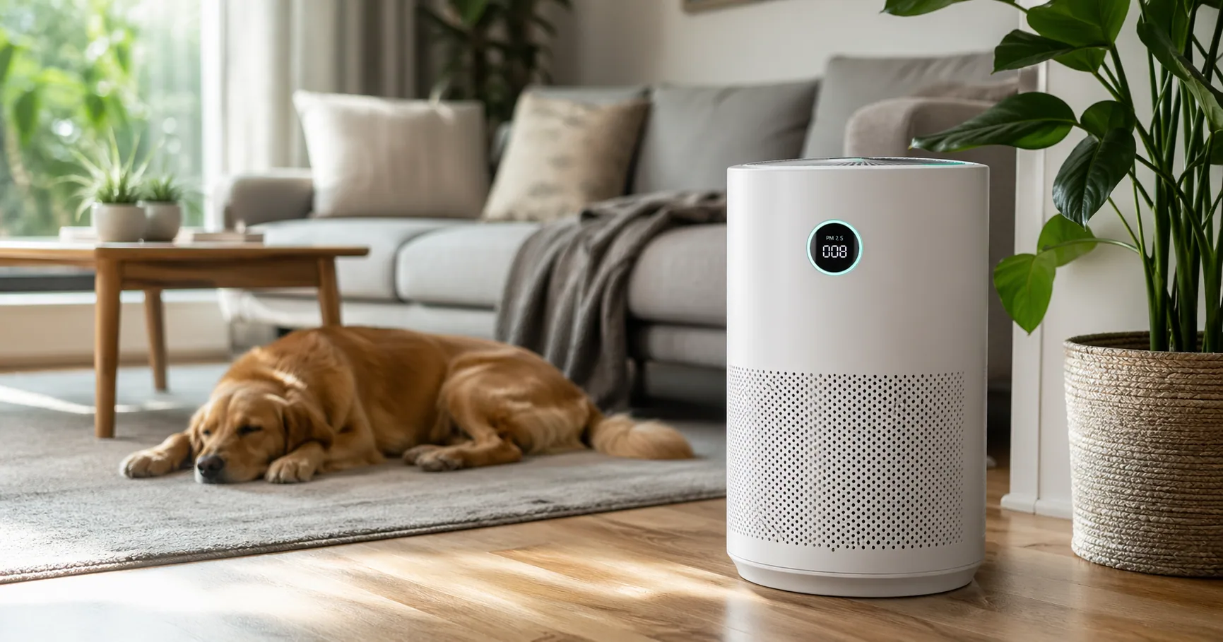 HEPA air purifier running in a living room with a dog resting nearby