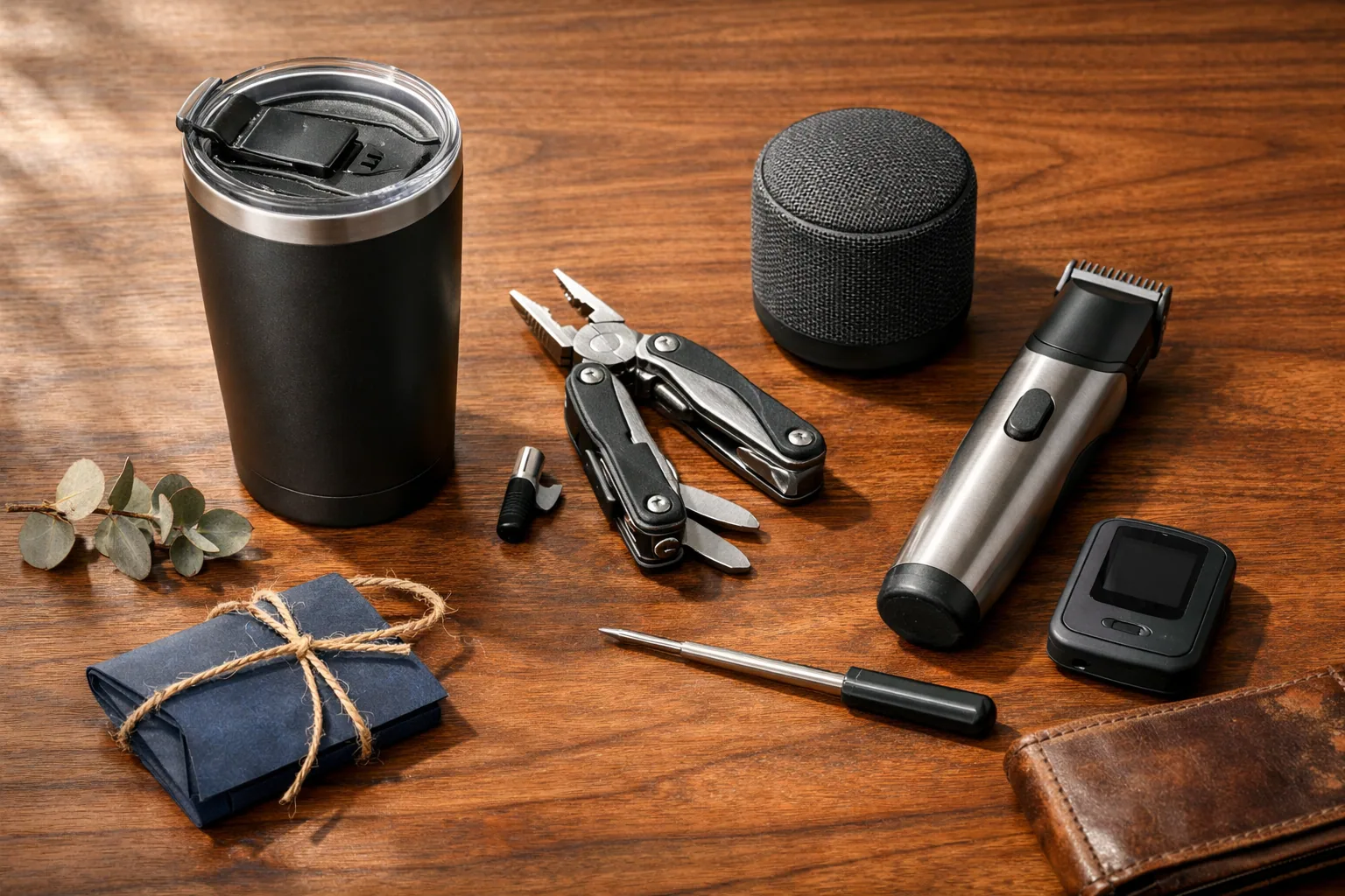 A tumbler, trimmer, speaker, thermometer, and multitool arranged as Father's Day gift ideas