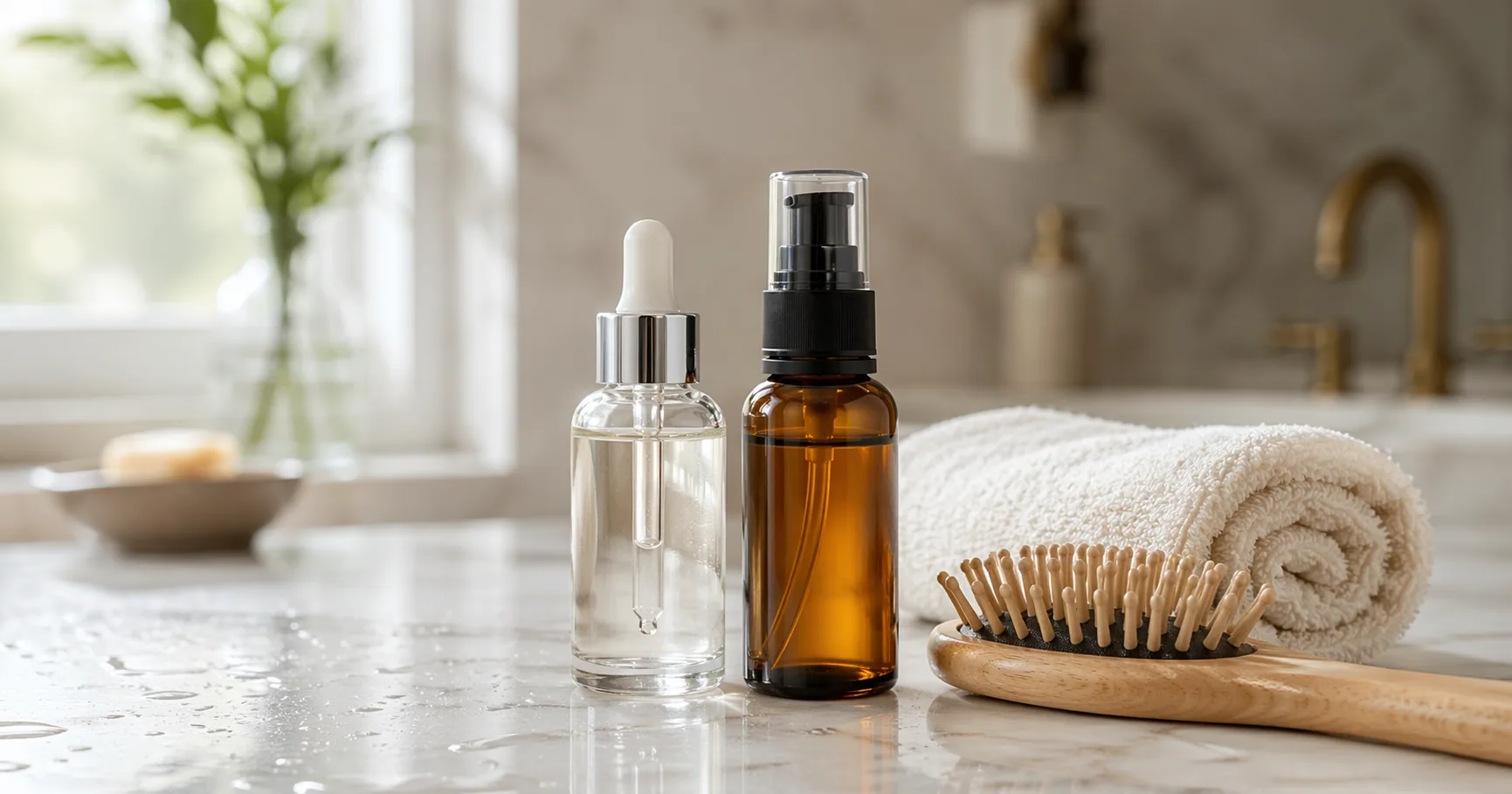 Row of anti-frizz hair serum bottles on a bathroom counter beside a hairbrush