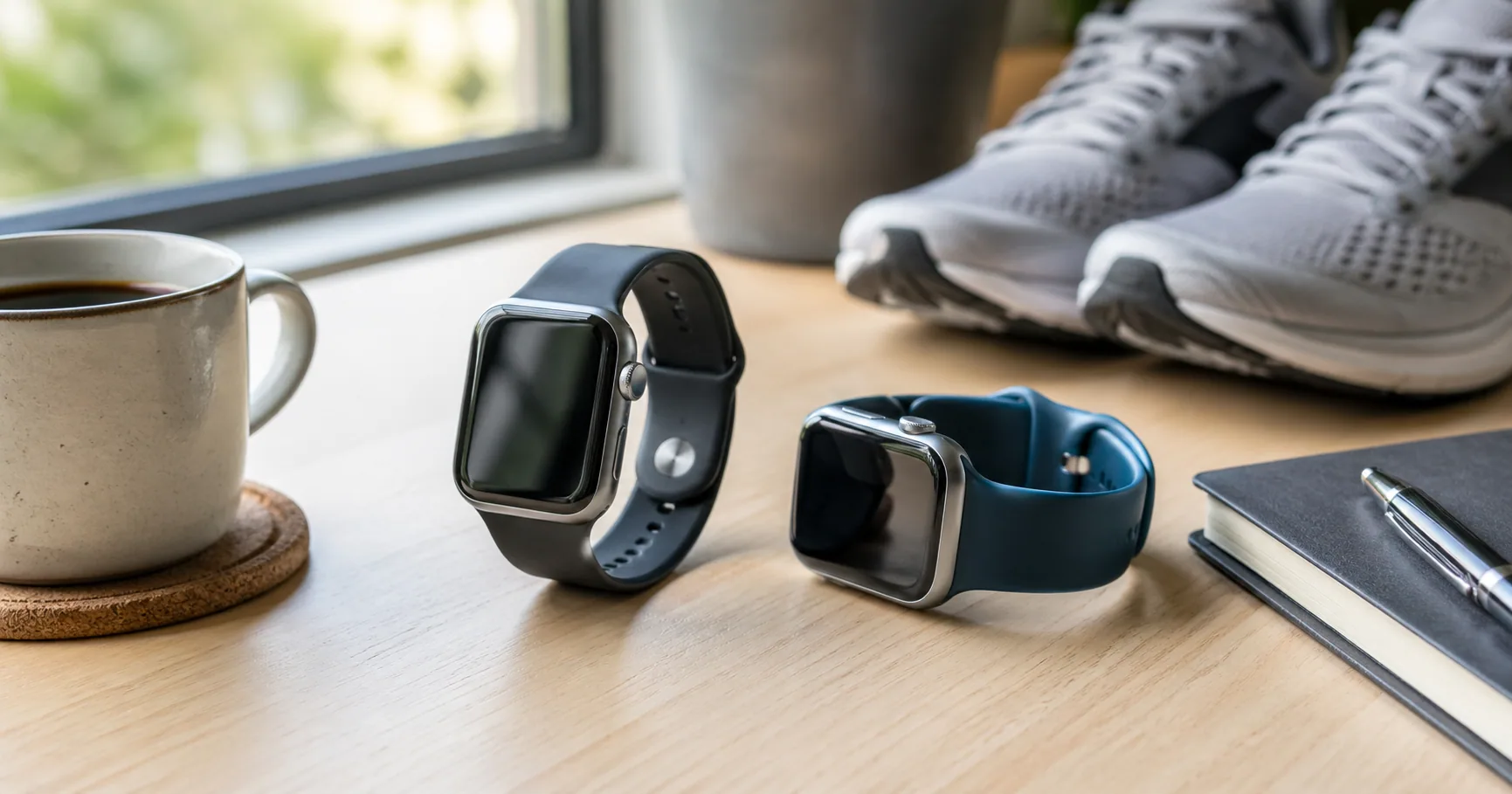 Several Apple Watch models with different bands arranged on a desk