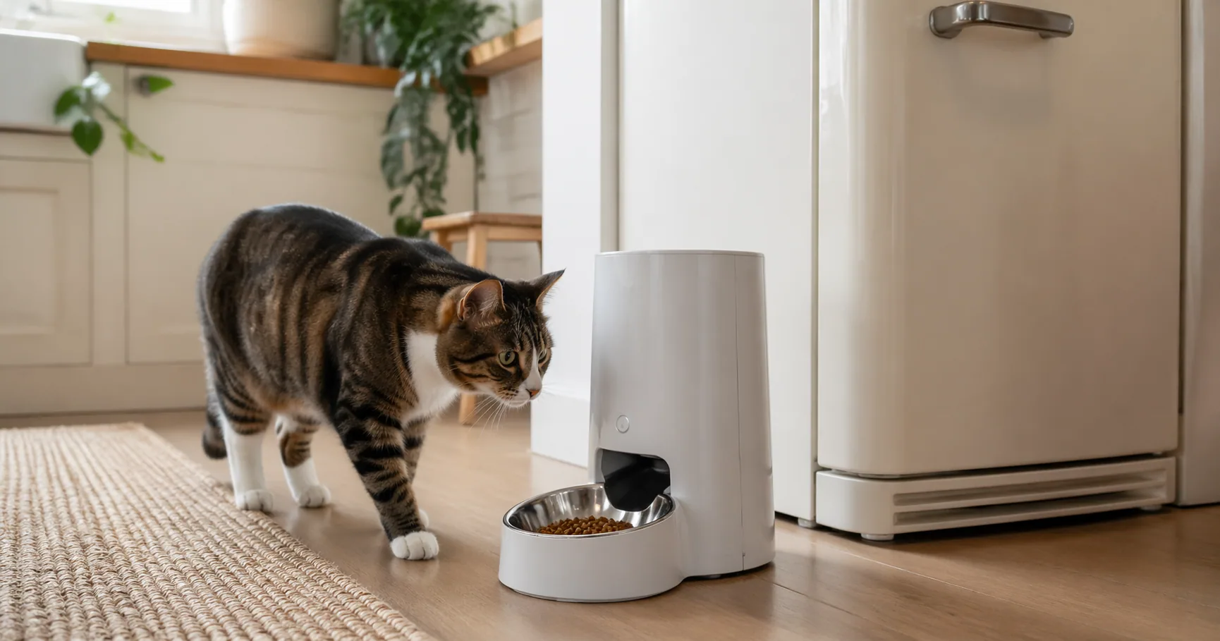 Automatic cat feeder dispensing kibble into a bowl with a cat waiting beside it